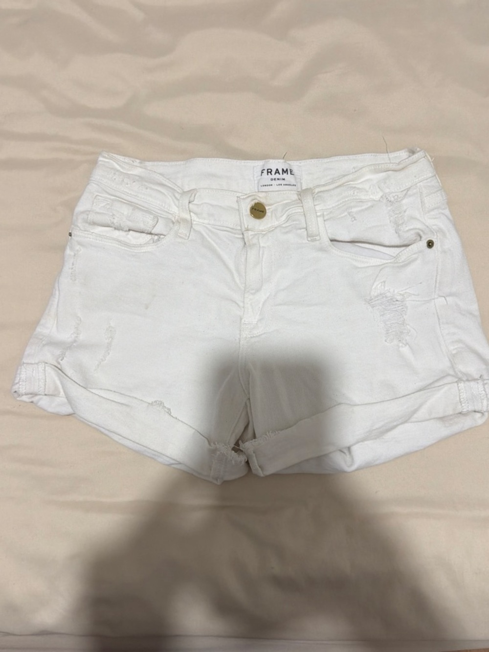 Frame Denim White Rolled-Hem Distressed Jean Shorts